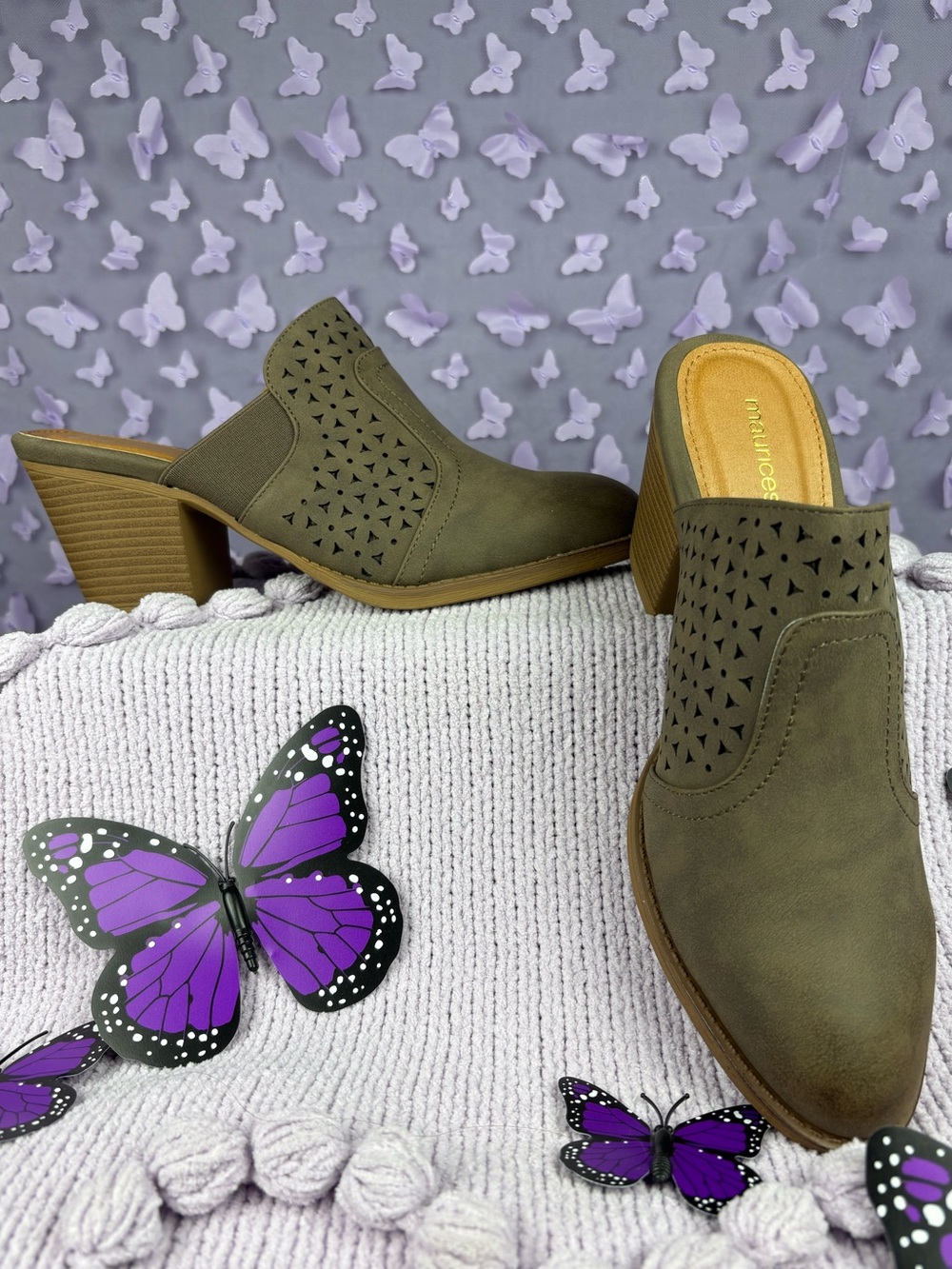 Maurices Olive Green Perforated Slip-On Mule Heels